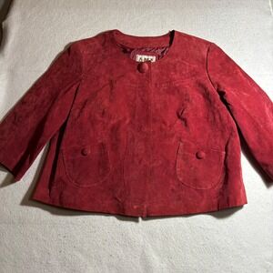 AMI Red Suede Leather Cropped Jacket Womens XL Button Up‎ Pockets